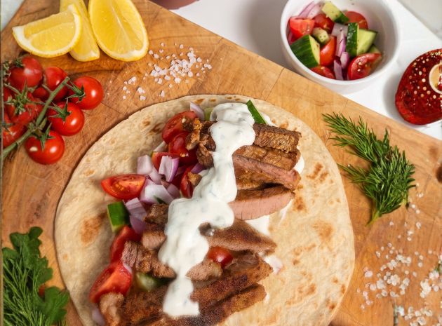 Greek Inspired Steak Souvlaki Wrap