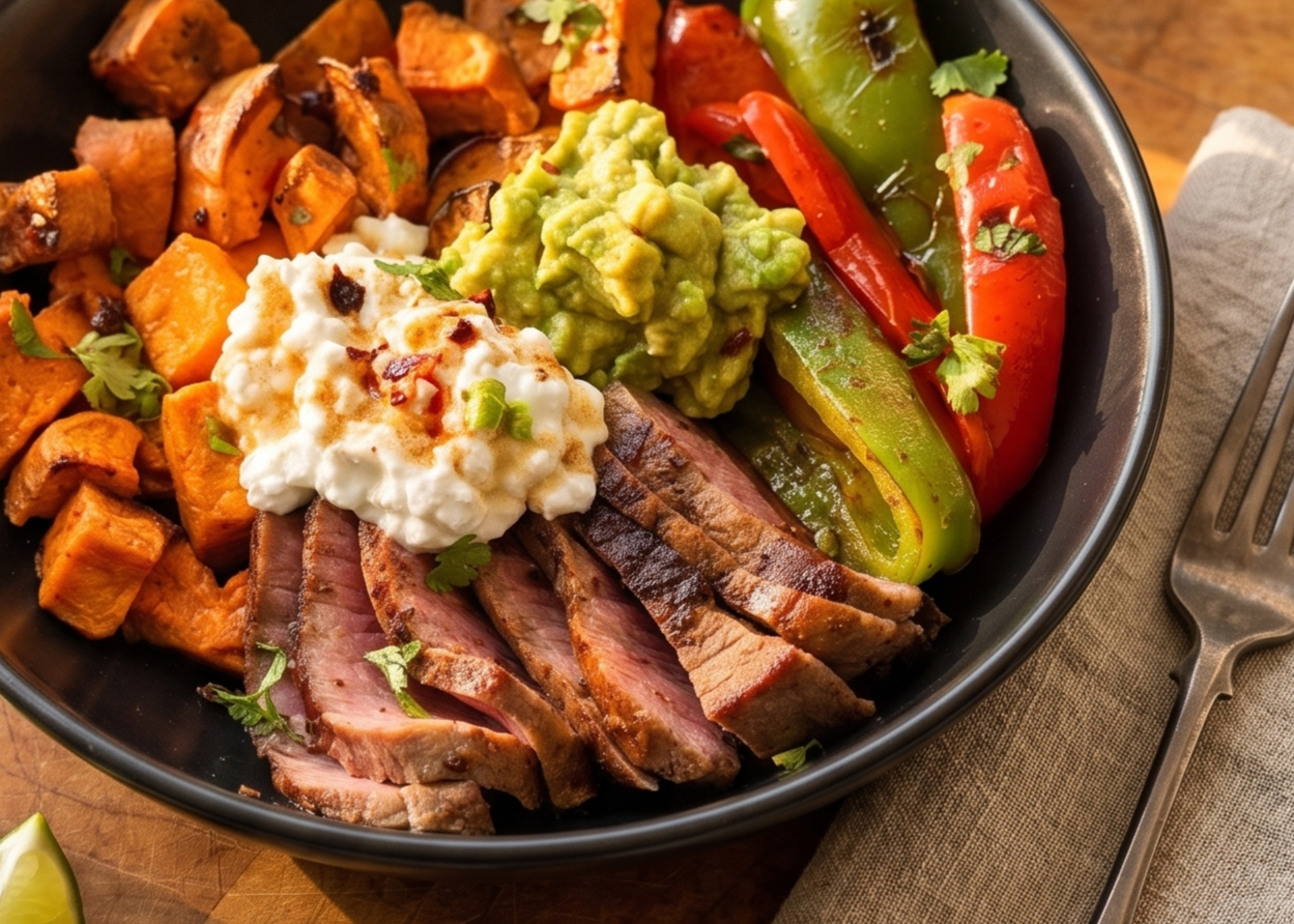 Cottage Cheese, Sweet Potato Steak Bowl with Hot Honey