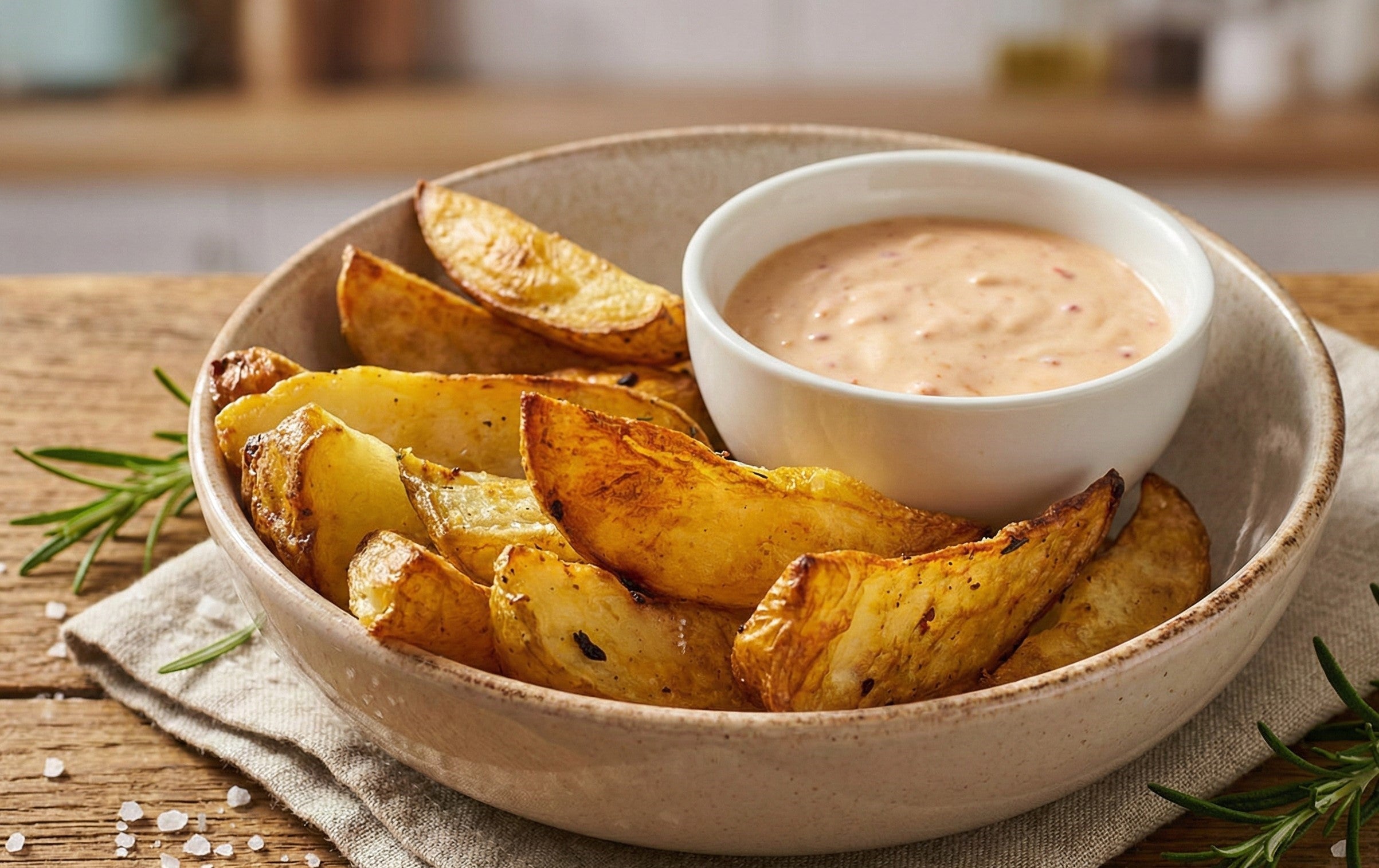 Crispy Potato Wedges with High-Protein Dip